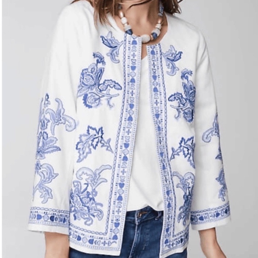 J Jill Embroidered Open Front Jacket Floral White Blue Women XL